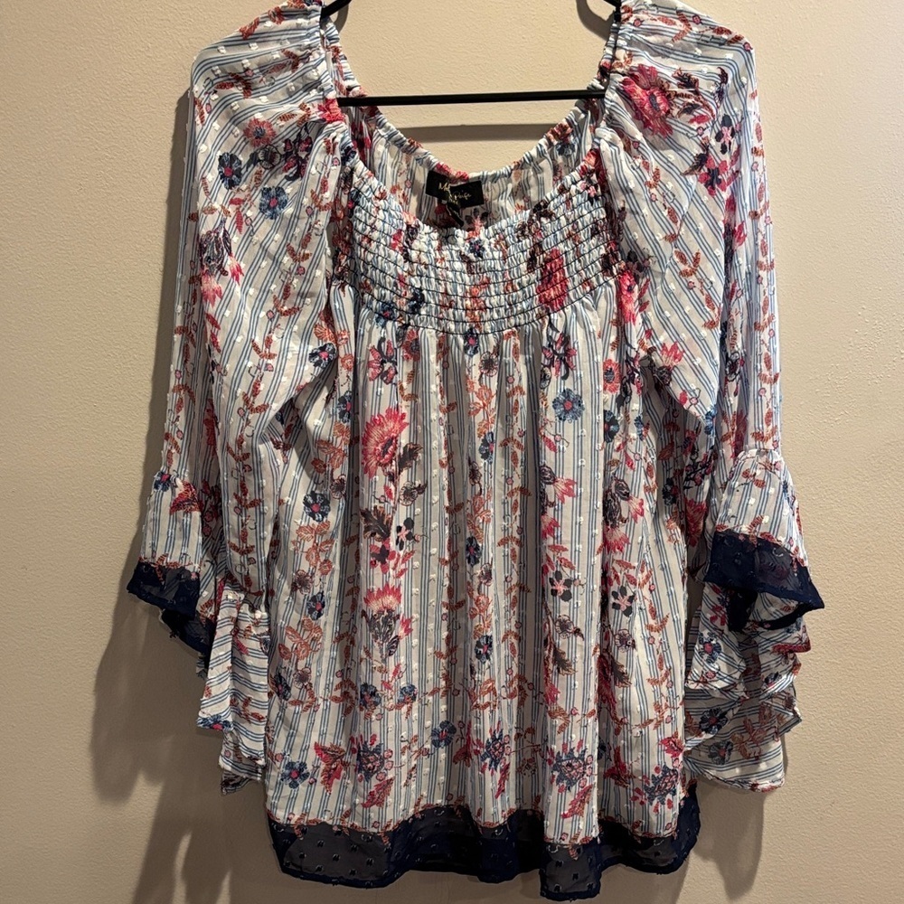 Melissa Paige Floral Striped Blouse with Navy Accents